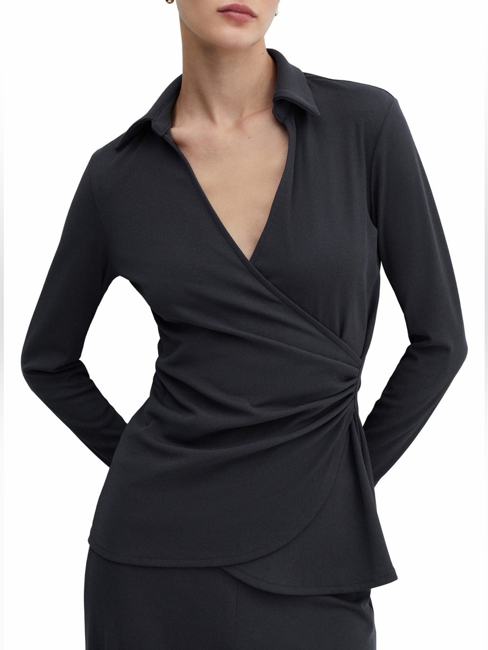 NWT Mango MNG Belinda Ruched Wrap Top Charcoal Grey Size M